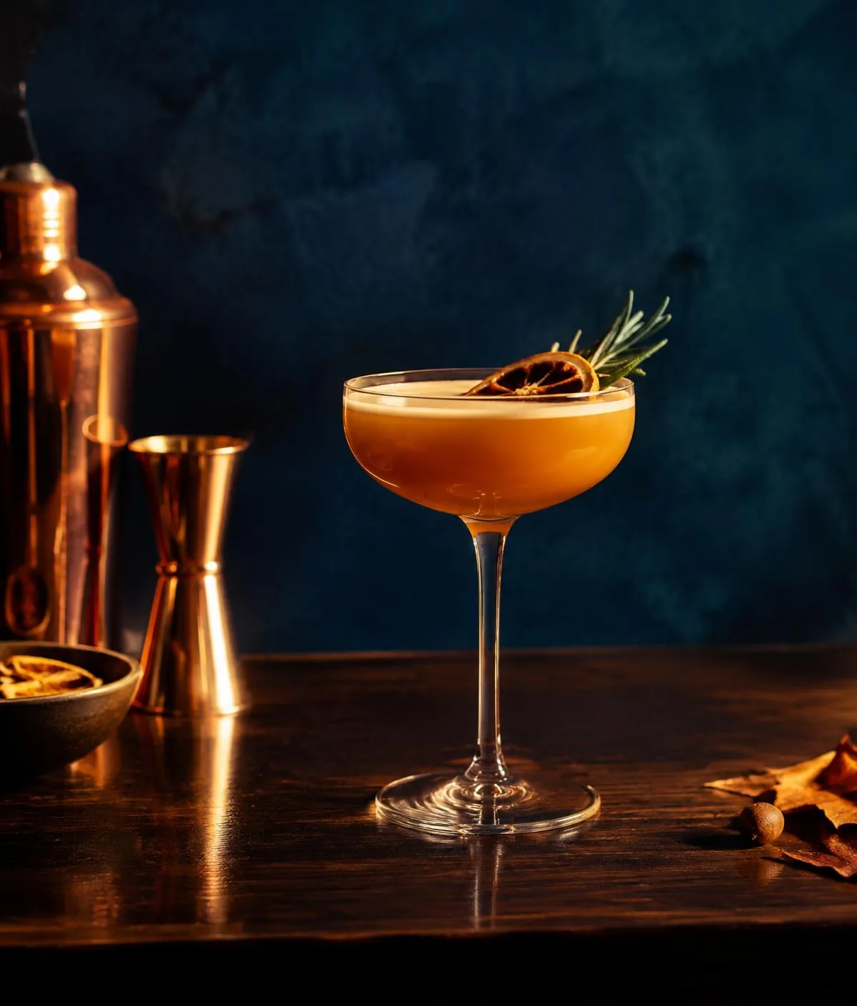 Cocktail in een coupeglas op een houten toog